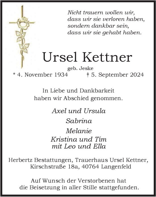 Traueranzeige von Ursel Kettner von Tageszeitung