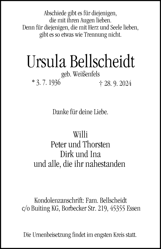 Traueranzeige von Ursula Bellscheidt von Tageszeitung