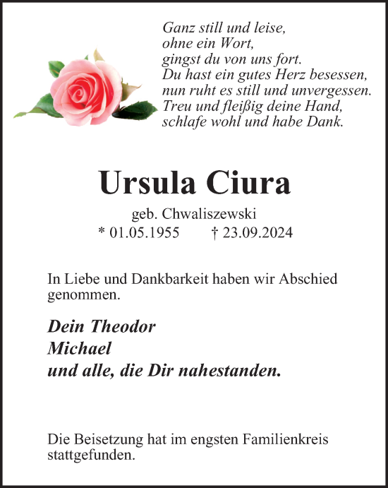Traueranzeige von Ursula Ciura von Tageszeitung