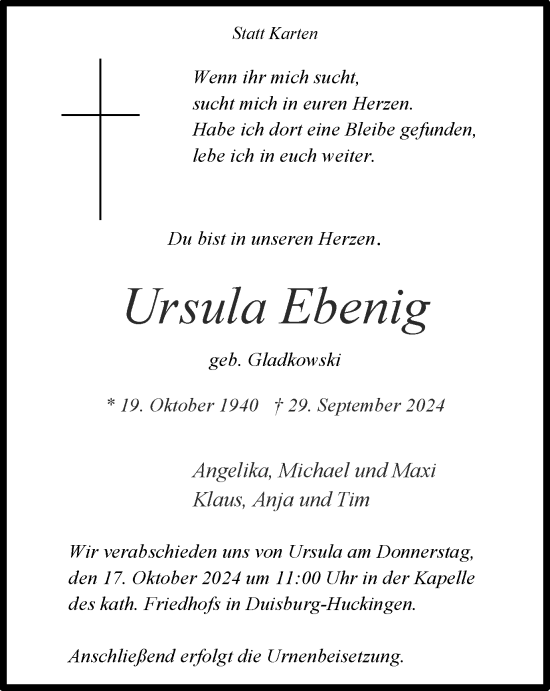 Traueranzeige von Ursula Ebenig von Tageszeitung