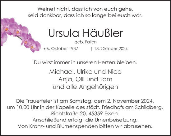 Traueranzeige von Ursula Häußler von Tageszeitung