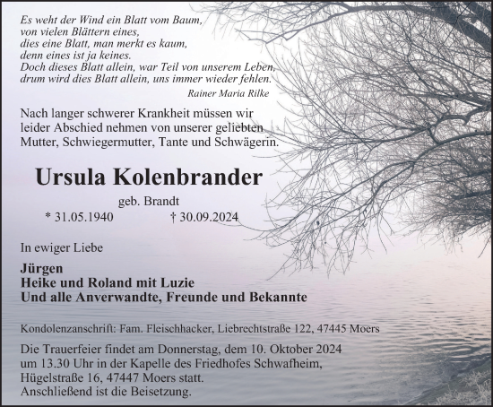 Traueranzeige von Ursula Kolenbrander von Tageszeitung