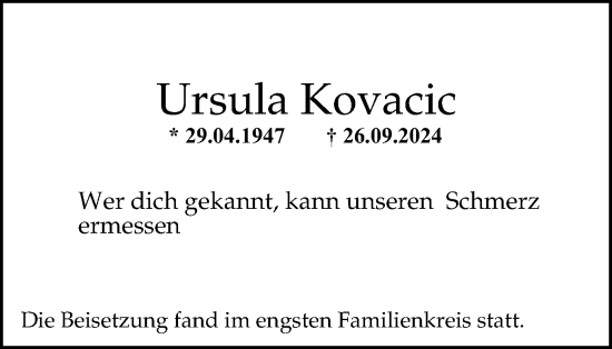 Traueranzeige von Ursula Kovacic von Tageszeitung