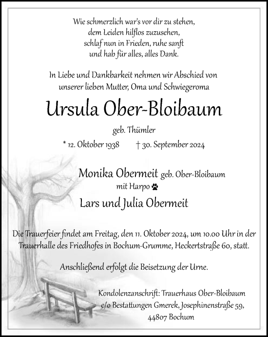 Traueranzeige von Ursula Ober-Bloibaum von Tageszeitung