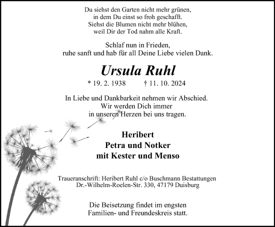 Traueranzeige von Ursula Ruhl von Tageszeitung