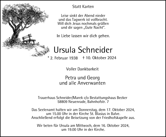 Traueranzeige von Ursula Schneider von Tageszeitung