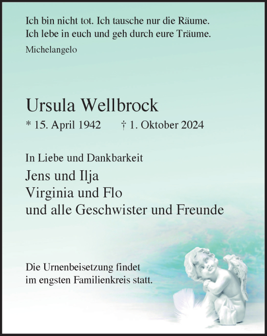 Traueranzeige von Ursula Wellbrock von Tageszeitung