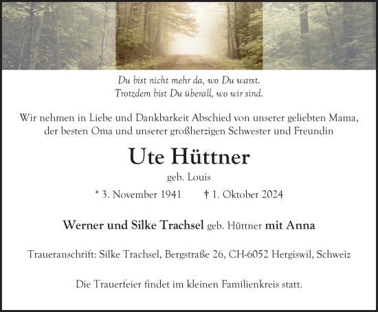 Traueranzeige von Ute Hüttner von Tageszeitung
