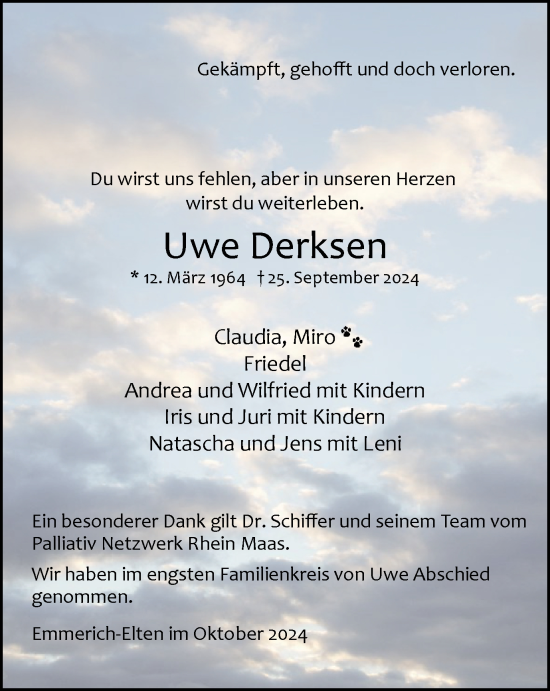 Traueranzeige von Uwe Derksen von Tageszeitung