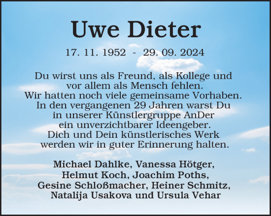 Traueranzeige von Uwe Dieter von Tageszeitung
