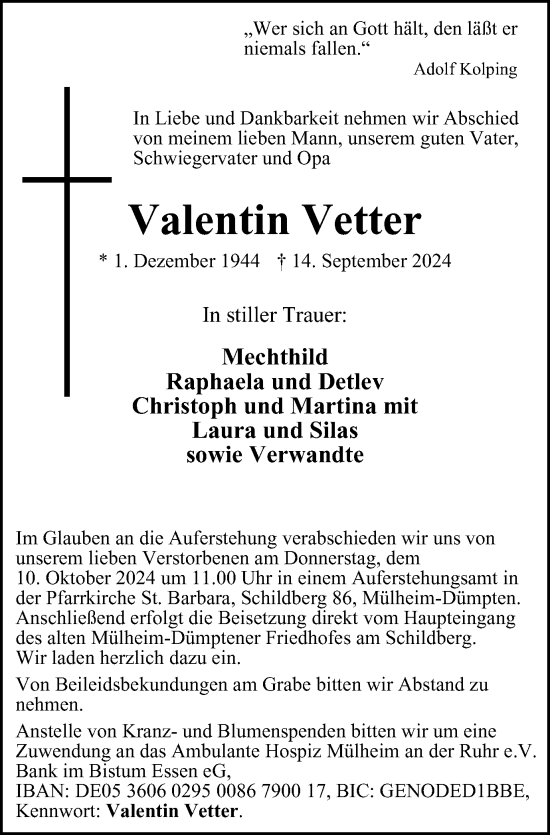 Traueranzeige von Valentin Vetter von Tageszeitung