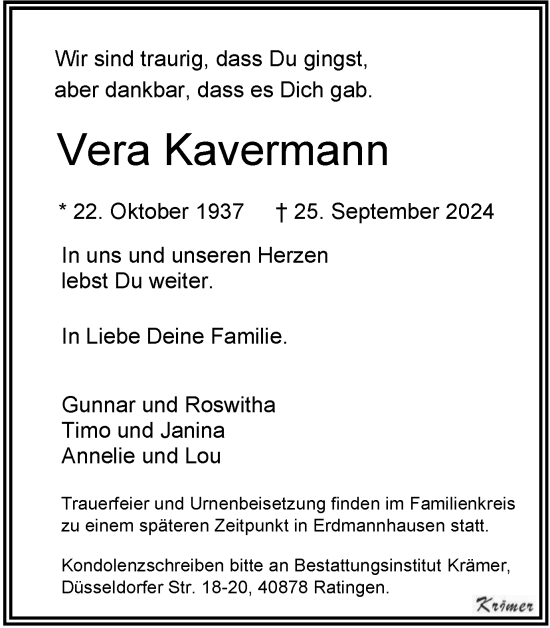 Traueranzeige von Vera Kavermann von Tageszeitung