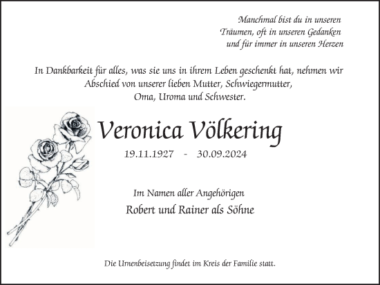 Traueranzeige von Veronica Völkering von Tageszeitung