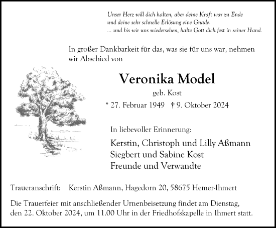 Traueranzeige von Veronika Model von Tageszeitung