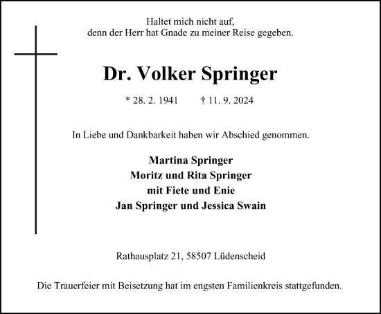 Traueranzeige von Volker Springer von Tageszeitung