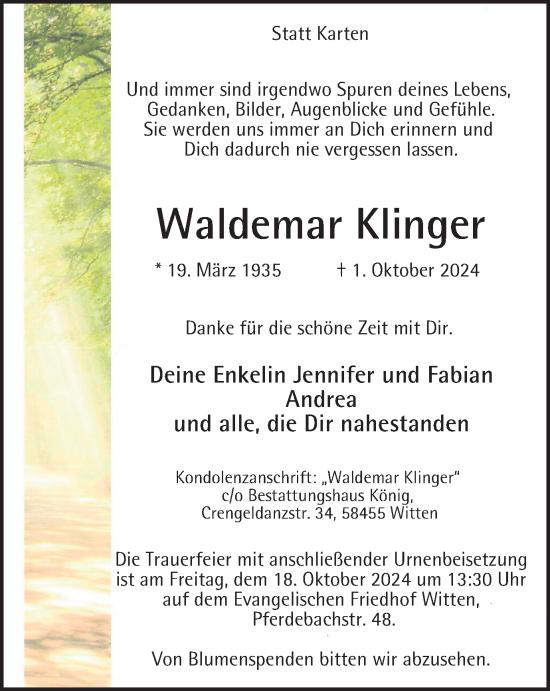 Traueranzeige von Waldemar Klinger von Tageszeitung