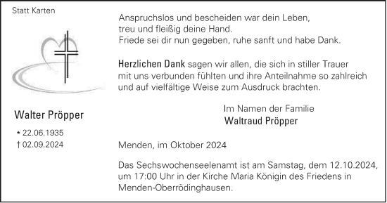 Traueranzeige von Walter Pröpper von Tageszeitung