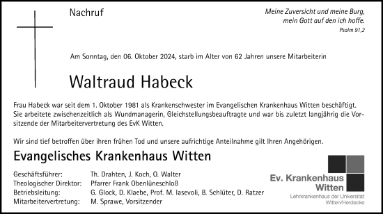 Traueranzeige von Waltraud Habeck von Tageszeitung