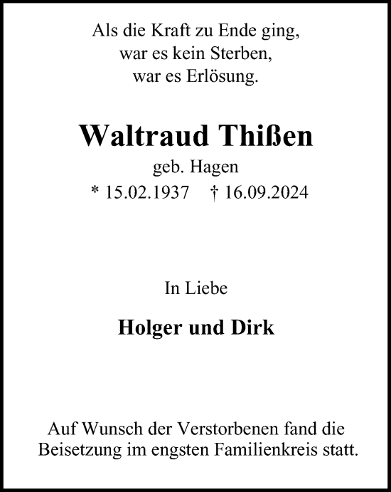 Traueranzeige von Waltraud Thißen von Tageszeitung