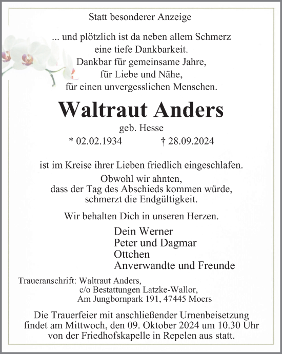 Traueranzeige von Waltraut Anders von Tageszeitung
