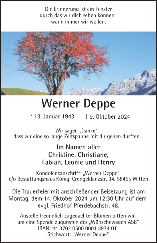 Traueranzeige von Werner Deppe von Tageszeitung
