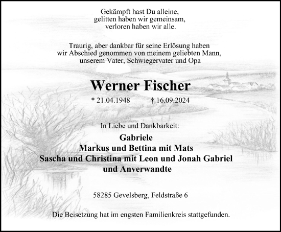 Traueranzeige von Werner Fischer von Tageszeitung