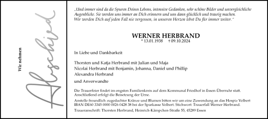 Traueranzeige von Werner Herbrand von Tageszeitung