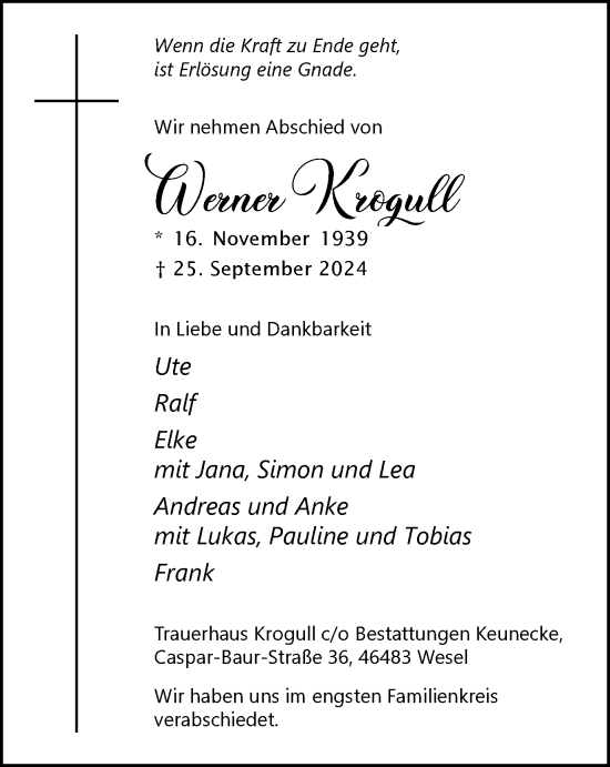 Traueranzeige von Werner Krogull von Tageszeitung