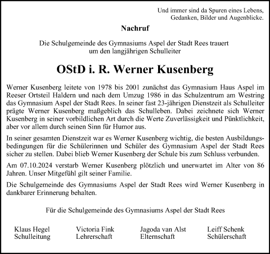 Traueranzeige von Werner Kusenberg von Tageszeitung