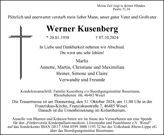 Traueranzeige von Werner Kusenberg von Tageszeitung