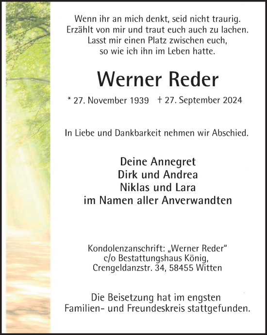 Traueranzeige von Werner Reder von Tageszeitung