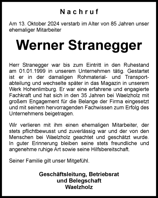 Traueranzeige von Werner Stranegger von Tageszeitung