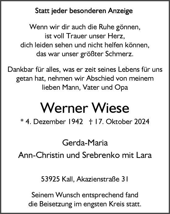 Traueranzeige von Werner Wiese von Tageszeitung