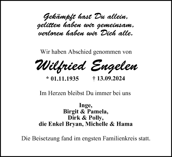 Traueranzeige von Wilfried Engelen von Tageszeitung