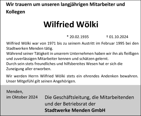 Traueranzeige von Wilfried Wölki von Tageszeitung