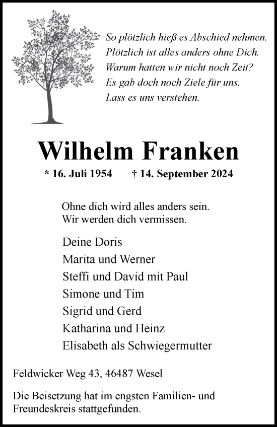 Traueranzeige von Wilhelm Franken von Tageszeitung