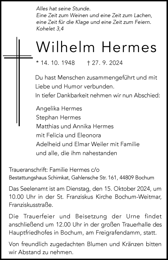 Traueranzeige von Wilhelm Hermes von Tageszeitung