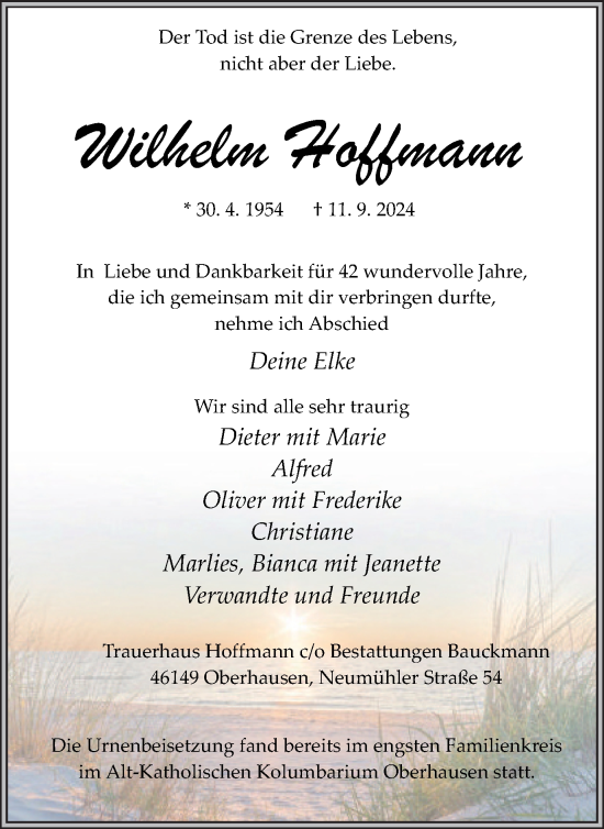 Traueranzeige von Wilhelm Hoffmann von Tageszeitung