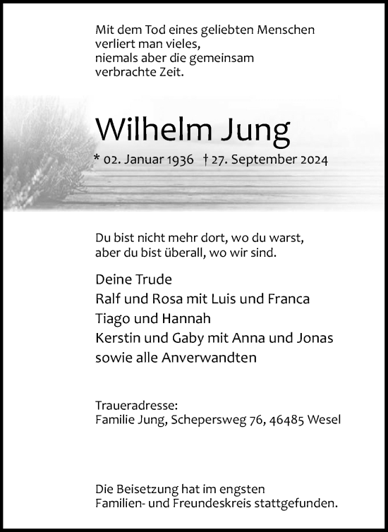 Traueranzeige von Wilhelm Jung von Tageszeitung