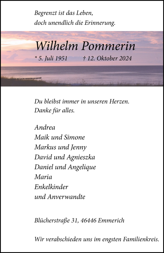 Traueranzeige von Wilhelm Pommerin von Tageszeitung