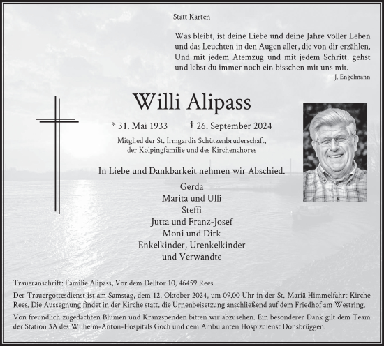Traueranzeige von Willi Alipass von Tageszeitung