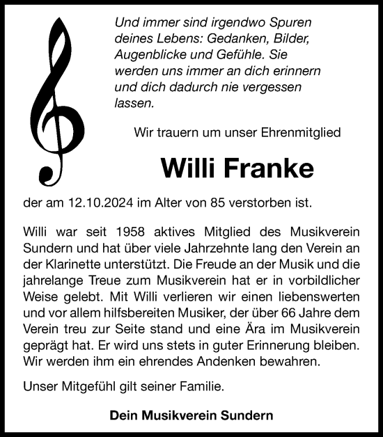 Traueranzeige von Willi Franke von Tageszeitung