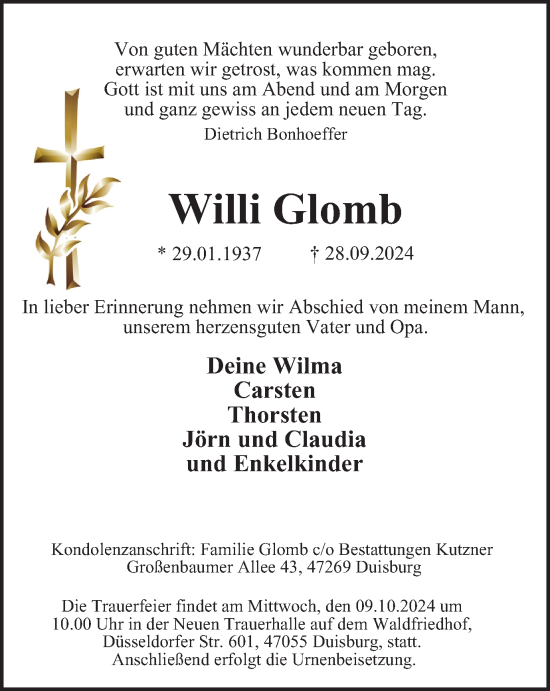 Traueranzeige von Willi Glomb von Tageszeitung