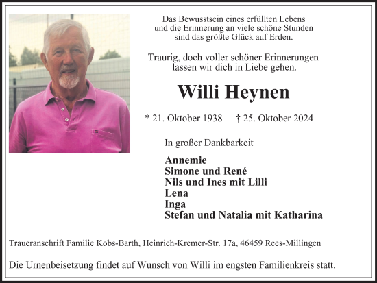 Traueranzeige von Willi Heynen von Tageszeitung