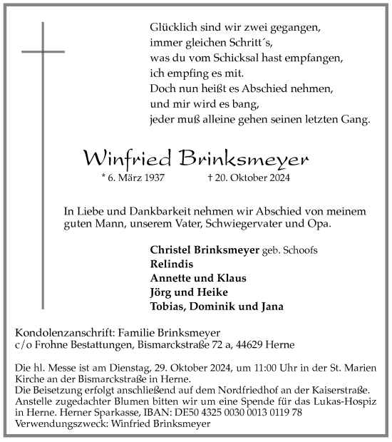 Traueranzeige von Winfried Brinksmeyer von Tageszeitung