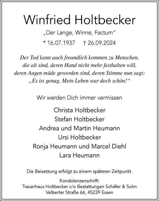 Traueranzeige von Winfried Holtbecker von Tageszeitung