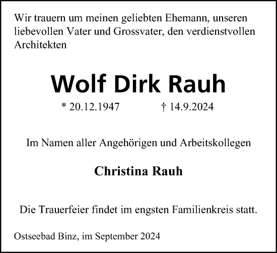 Traueranzeige von Wolf Dirk Rauh von Tageszeitung