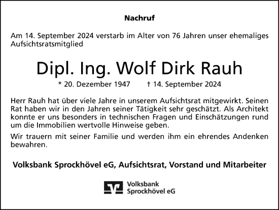 Traueranzeige von Wolf Dirk Rauh von Tageszeitung