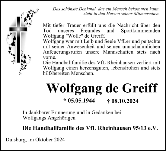 Traueranzeige von Wolfgang de Greiff von Tageszeitung