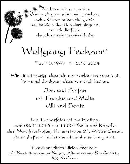 Traueranzeige von Wolfgang Frohnert von Tageszeitung
